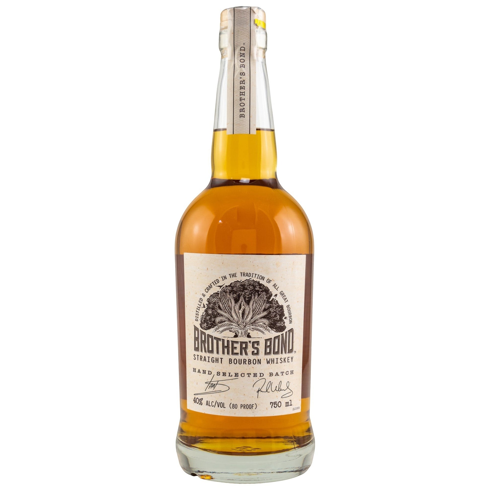 Schwarzbach Spirits Brother's Bond Straight Bourbon Whiskey, 40% Vol., 750 ml, goldfarben, in Glasflasche mit Etikett und Baum-Design.