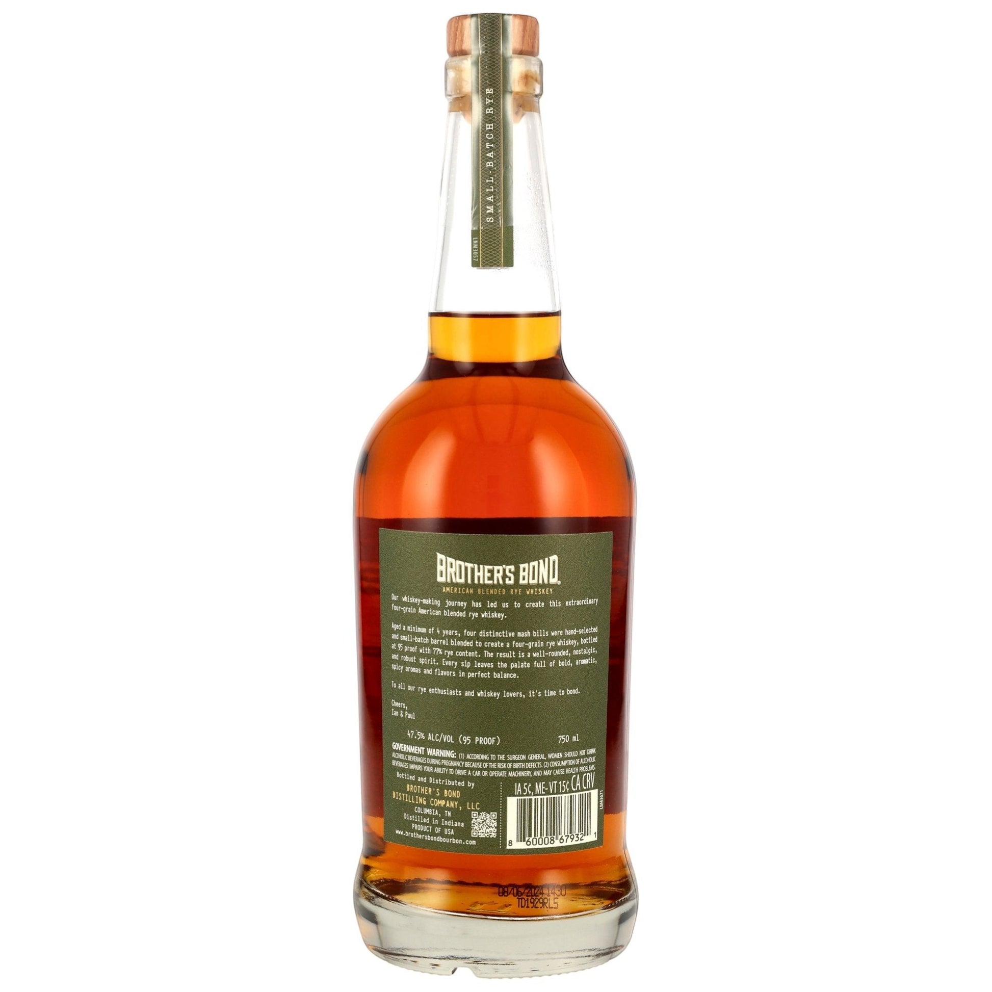 Schwarzbach Spirits Brother's Bond American Blended Rye Whiskey, 47.5% Vol., 750ml bottle with amber liquid, not chill-filtered.