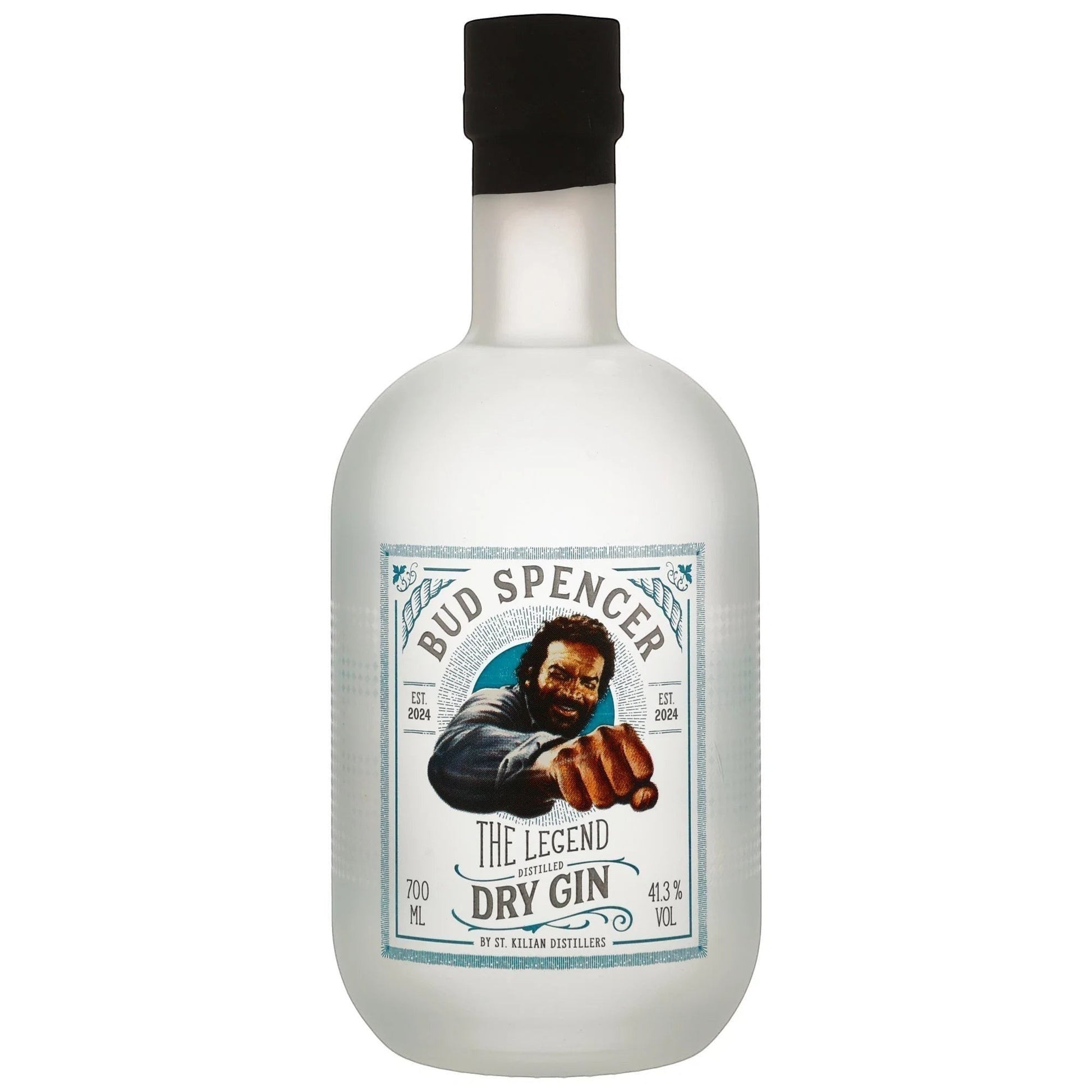 Schwarzbach Spirits Bud Spencer Dry Gin in einer 0,7l Flasche mit ikonischem Etikett und schwarzem Verschluss