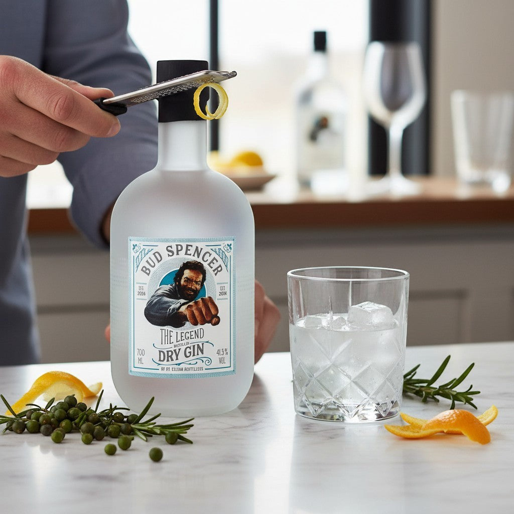 Schwarzbach Spirits Bud Spencer Dry Gin in einer satinierten Flasche mit Zitrone, Wacholder und einem Glas Gin Tonic.