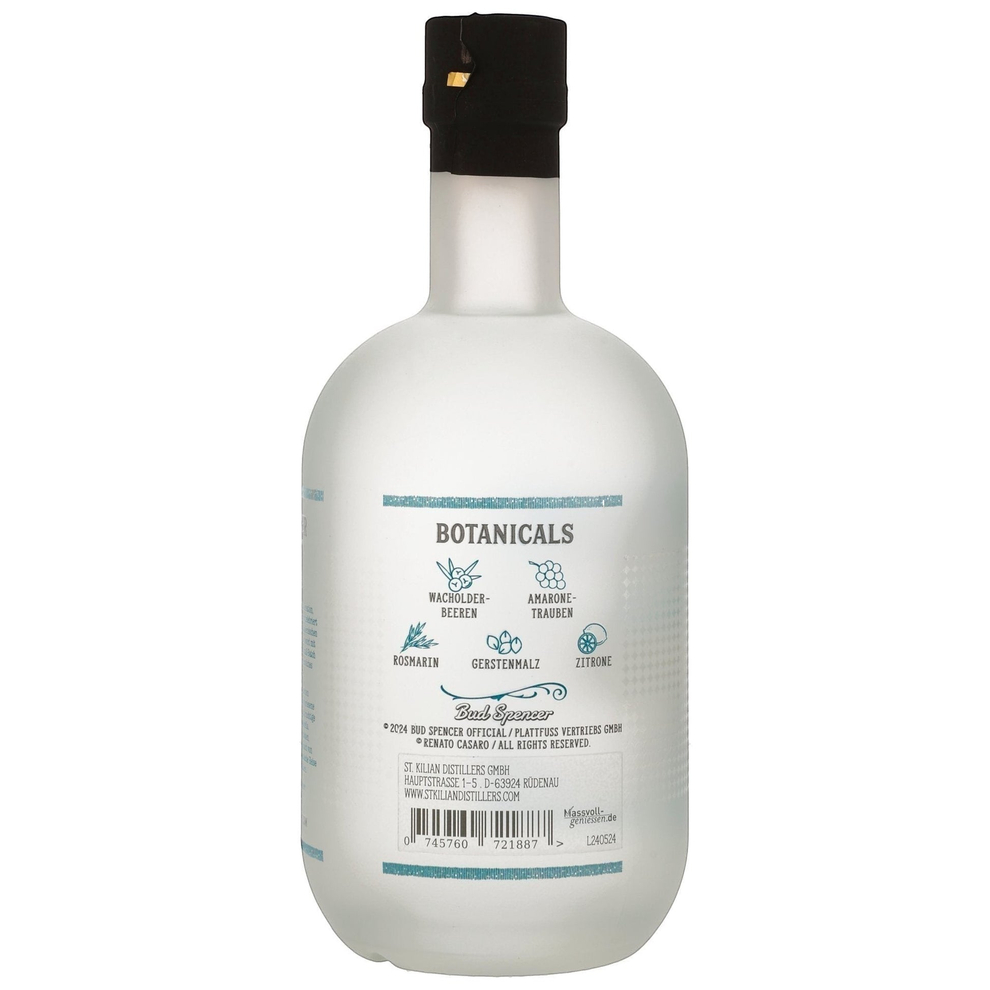 Schwarzbach Spirits Bud Spencer Dry Gin Flaschenrückseite mit Botanicals wie Wacholder und Amarone-Trauben