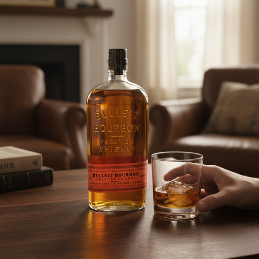 Schwarzbach Spirits Bulleit Bourbon Frontier Whiskey, 45% Vol., 700ml bottle. Amber liquid with a rich aroma of caramel, vanilla, oak, and rye.