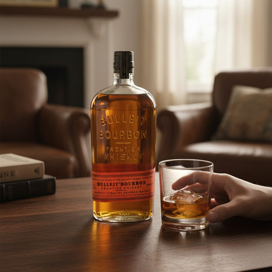 Schwarzbach Spirits Bulleit 90 Frontier Bourbon Whiskey, 45% Vol., in einer Flasche und einem Glas mit Eis auf einem Holztisch.