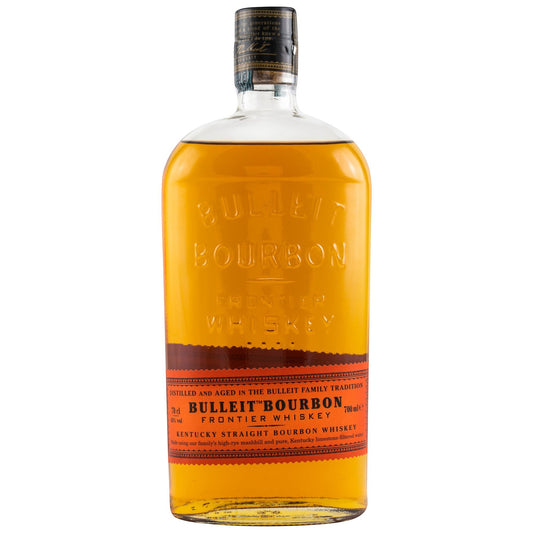 Schwarzbach Spirits Bulleit 90 Frontier Bourbon Whiskey, 45% Vol., 700ml Flasche mit bernsteinfarbener Flüssigkeit und Etikett mit roten und braunen Akzenten.