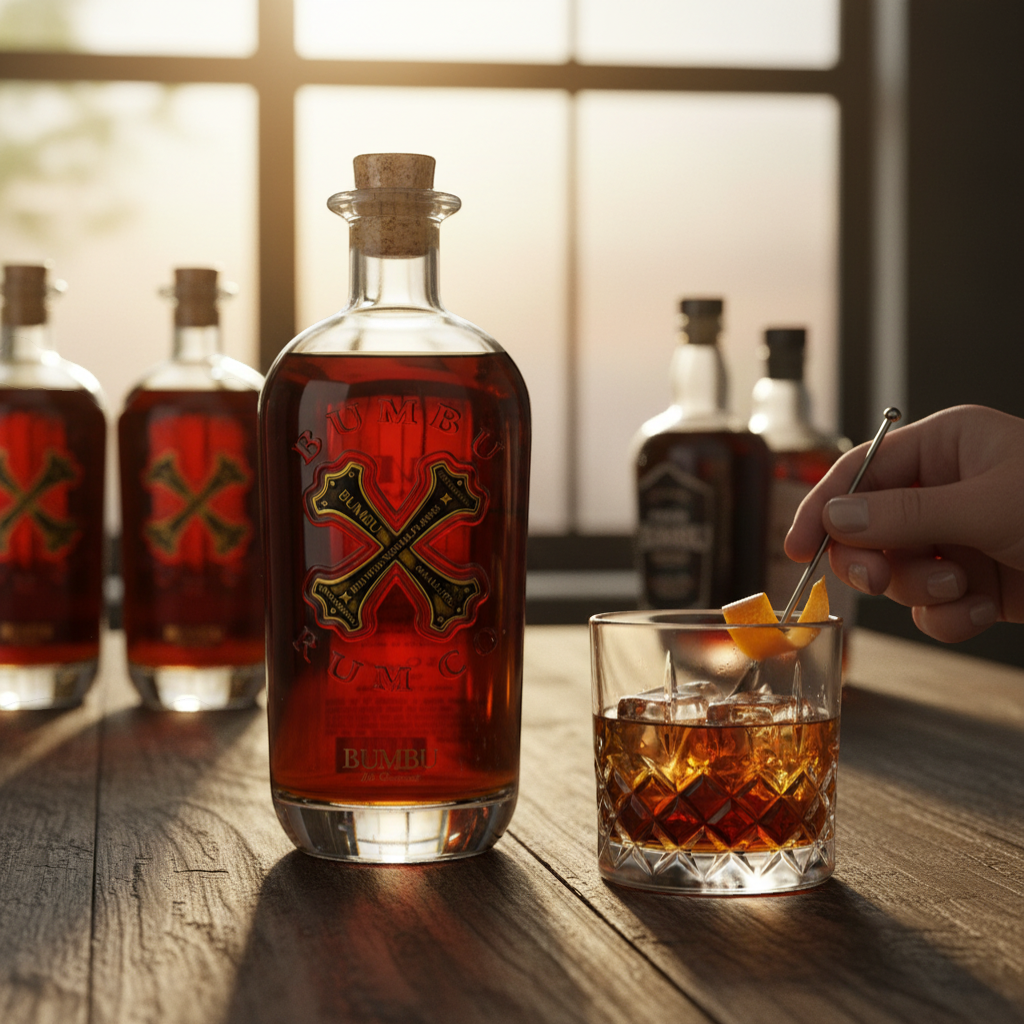 Schwarzbach Spirits Bumbu The Original rum, 40% Vol., amber color, with notes of vanilla, toffee, and spices.