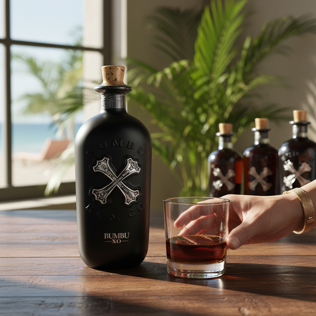 Schwarzbach Spirits Bumbu XO rum bottle, dark black with silver emblem and cork stopper. 40% ABV.