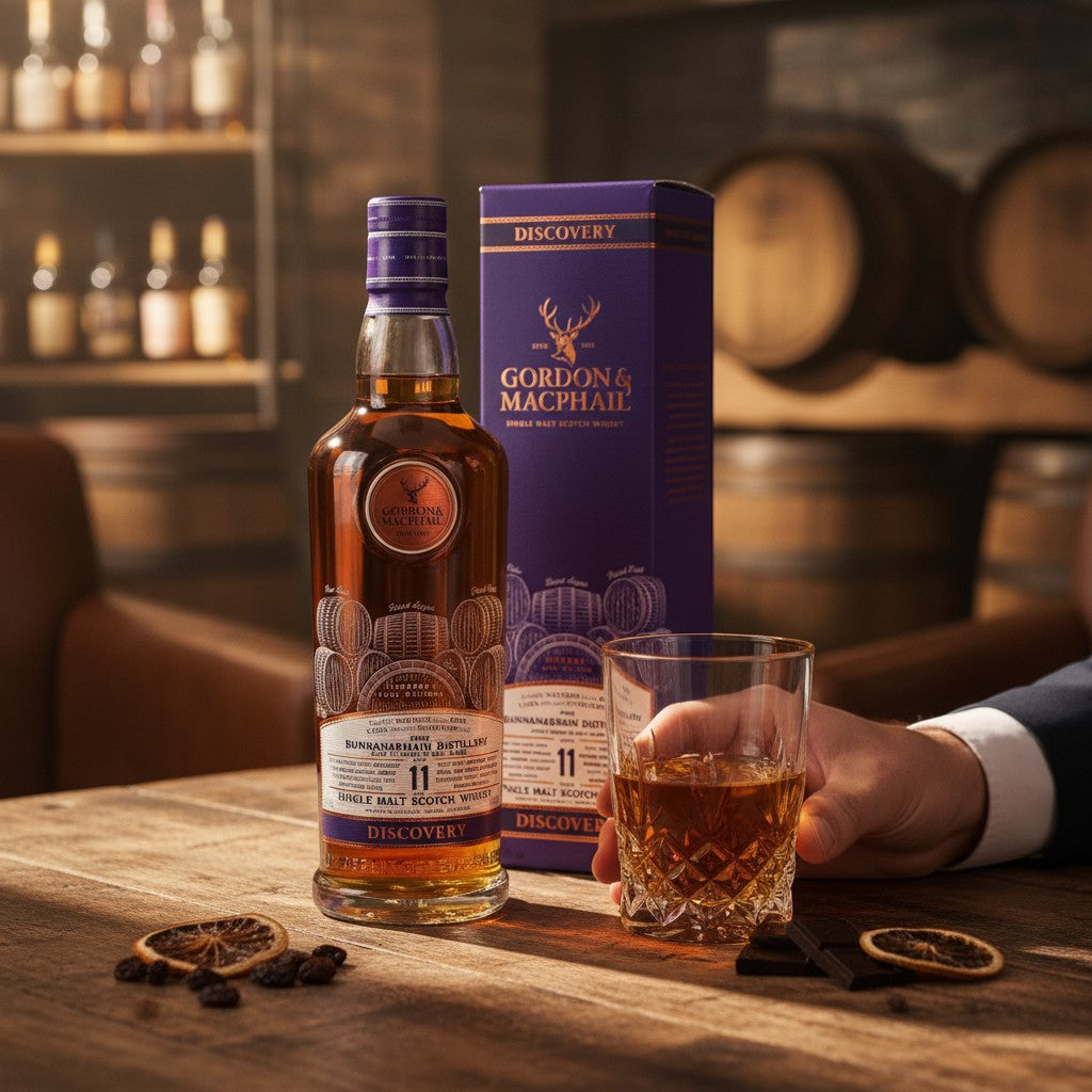 Schwarzbach Spirits Bunnahabhain 11 Jahre Discovery Sherry Cask Whisky Flasche mit Glas und Verpackung auf Holztisch