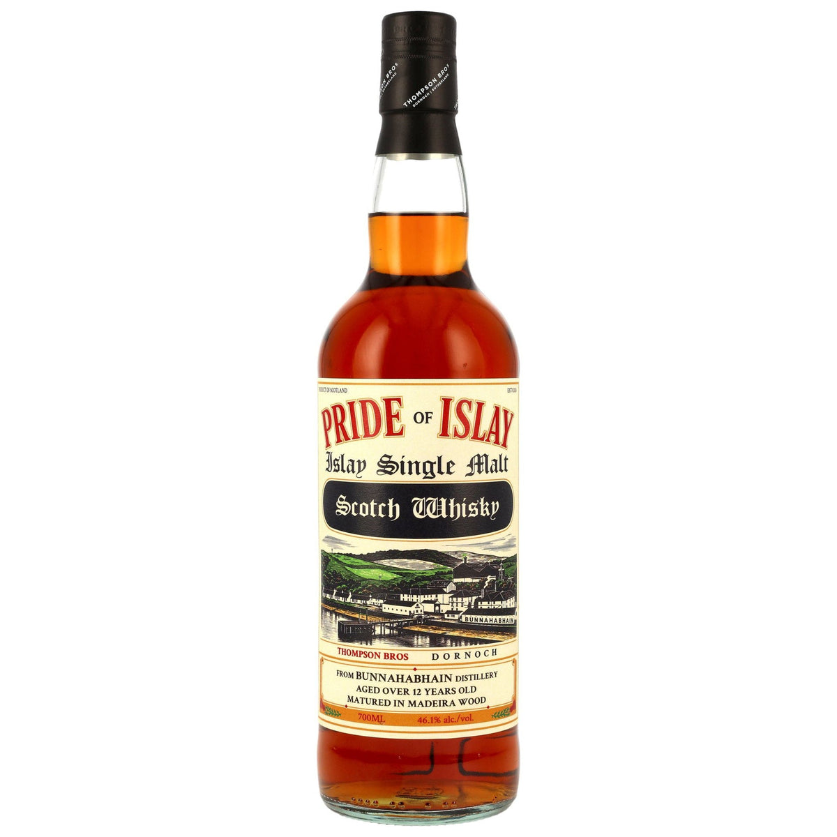 Schwarzbach Spirits Bunnahabhain 12 Jahre Pride of Islay Whisky Flasche mit Madeira Fass Finish auf weißem Grund