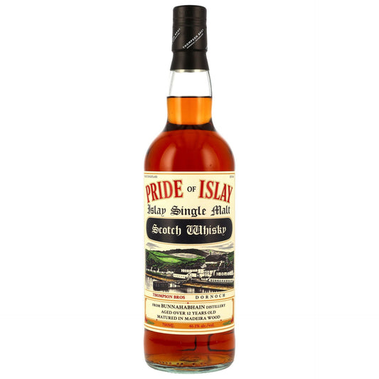 Schwarzbach Spirits Bunnahabhain 12 Jahre Pride of Islay Whisky Flasche mit Madeira Fass Finish auf weißem Grund