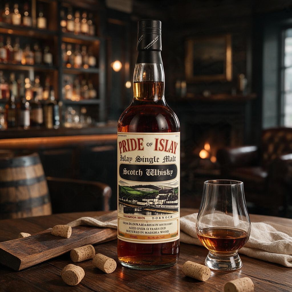Schwarzbach Spirits Bunnahabhain 12 Jahre Pride of Islay Whisky Flasche mit Glas auf einem Holztisch vor Kamin