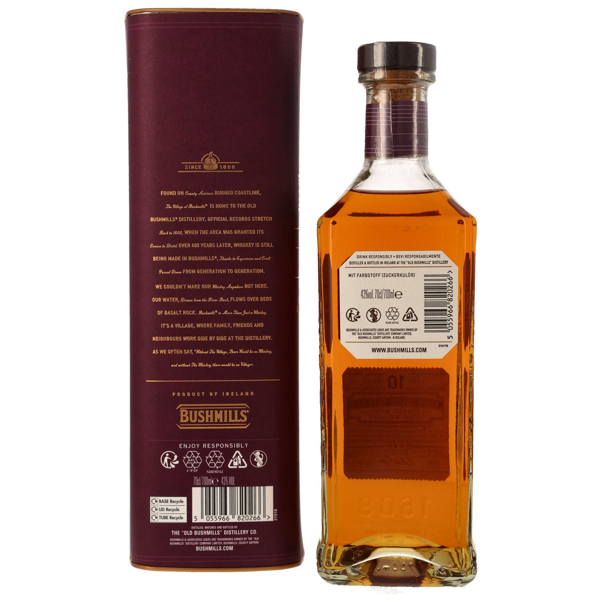Schwarzbach Spirits Bushmills 10 Jahre Vino Dulce Cask Whiskey Flasche mit passender dunkelroter Geschenkverpackung