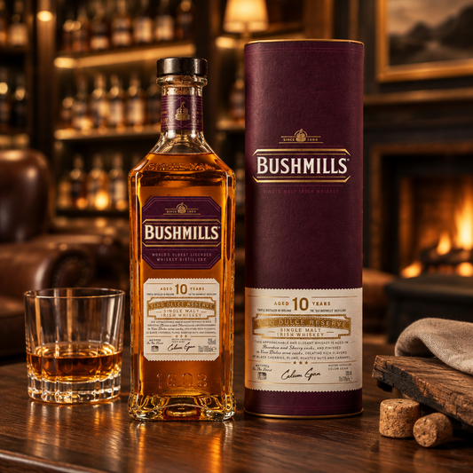 Schwarzbach Spirits Bushmills 10 Jahre Vino Dulce Cask Whiskey Flasche mit Geschenkverpackung und Glas auf Holztisch