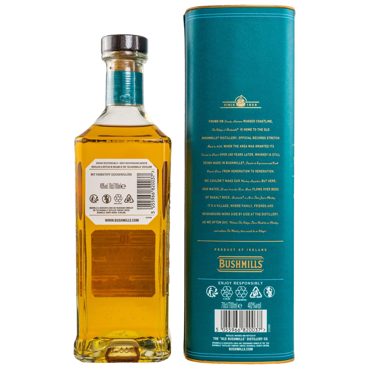 Schwarzbach Spirits Bushmills 10 Jahre Single Malt Whiskey Flasche mit zugehöriger grüner Geschenkverpackung
