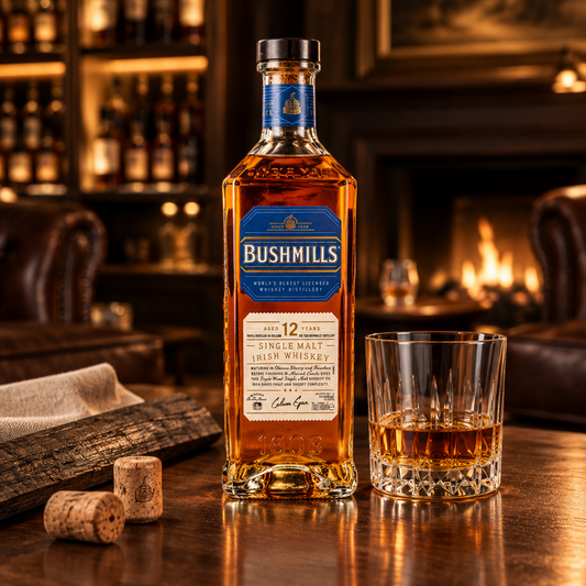 Schwarzbach Spirits Bushmills 12 Jahre Three Woods Irish Single Malt Whiskey Flasche mit Glas vor Kamin