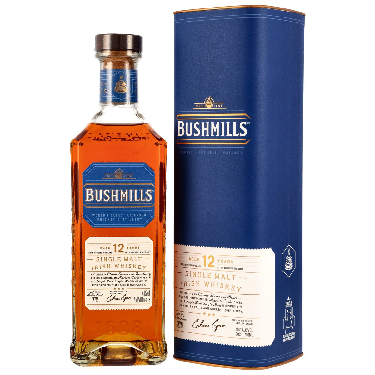 Schwarzbach Spirits Bushmills 12 Jahre Three Woods Irish Single Malt Whiskey Flasche mit blauer Geschenkdose