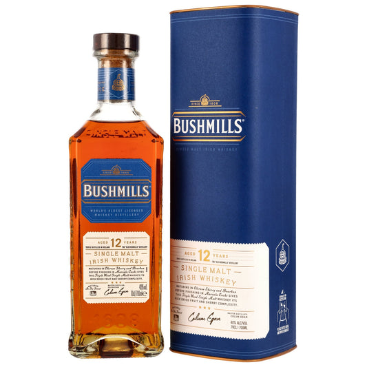 Schwarzbach Spirits Bushmills 12 Jahre Three Woods Irish Single Malt Whiskey Flasche mit blauer Geschenkdose