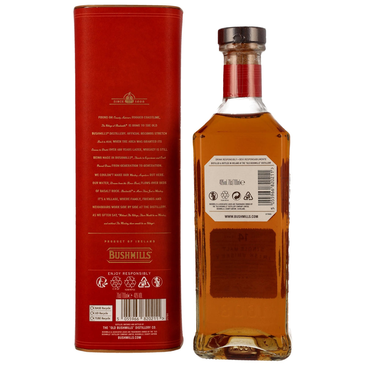 Schwarzbach Spirits Bushmills 14 Jahre Malaga Cask Irish Single Malt Whiskey Flasche mit roter Geschenkverpackung