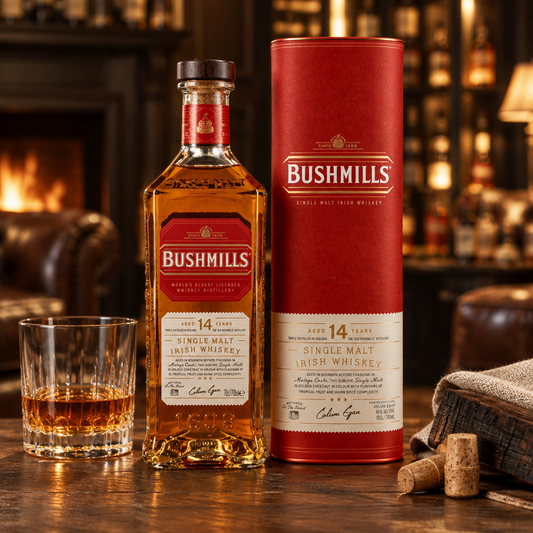 Schwarzbach Spirits Bushmills 14 Jahre Malaga Cask Whiskey Flasche mit roter Geschenkverpackung und Glas auf Holztisch