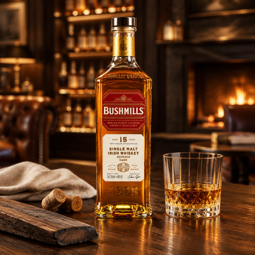 Schwarzbach Spirits Bushmills 15 Jahre Bourbon Cask Irish Single Malt Whiskey Flasche mit Glas auf Holztisch