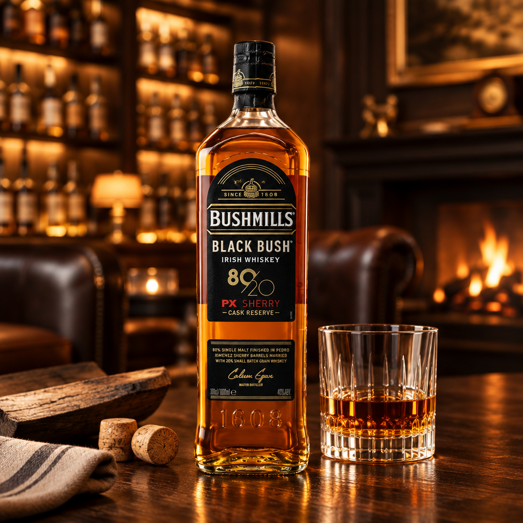 Schwarzbach Spirits Bushmills Black Bush 80/20 PX Sherry Cask Reserve Whiskey Flasche mit Glas vor Kamin