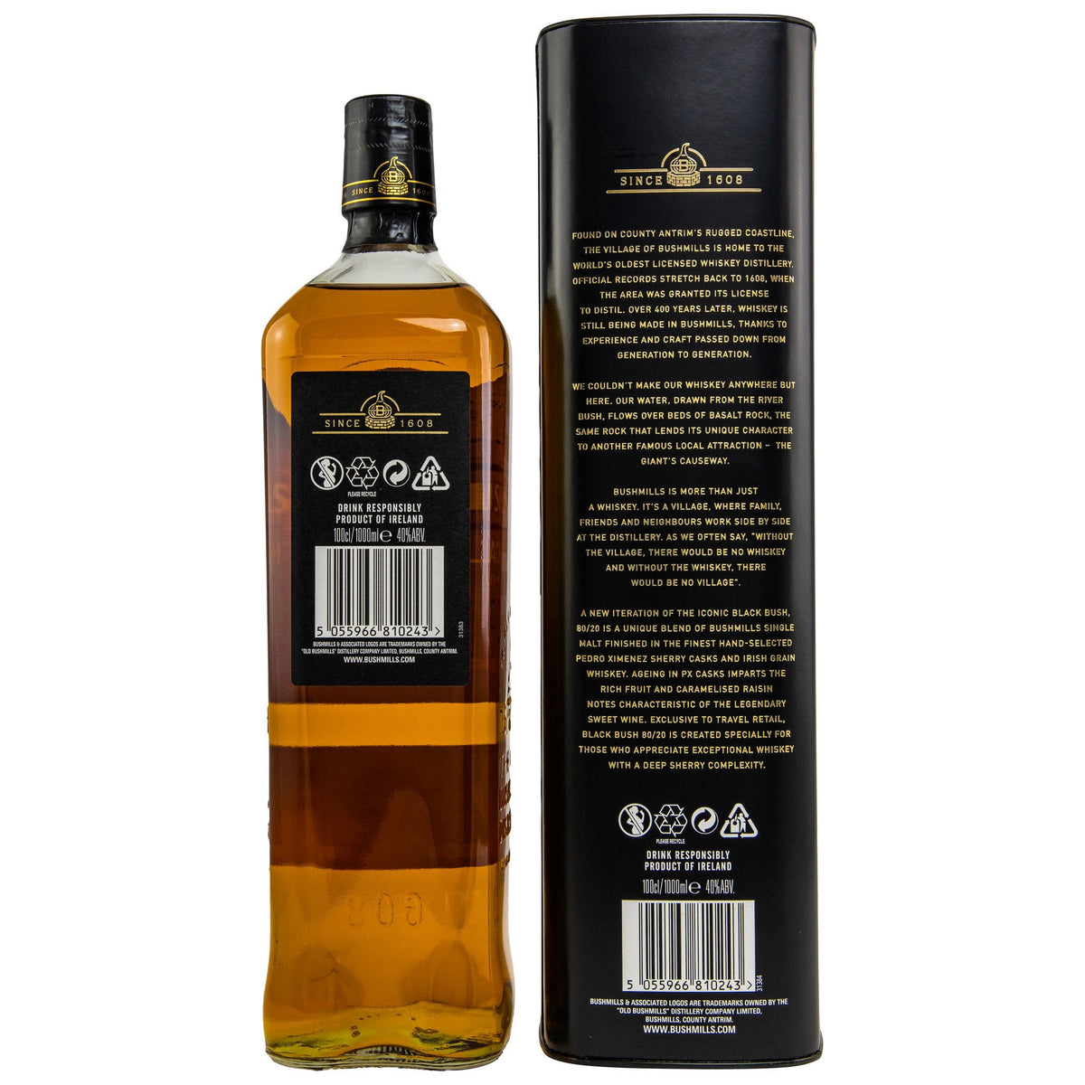 Schwarzbach Spirits Bushmills Black Bush 80/20 PX Sherry Cask Reserve Whiskey Flasche mit schwarzer Geschenkdose