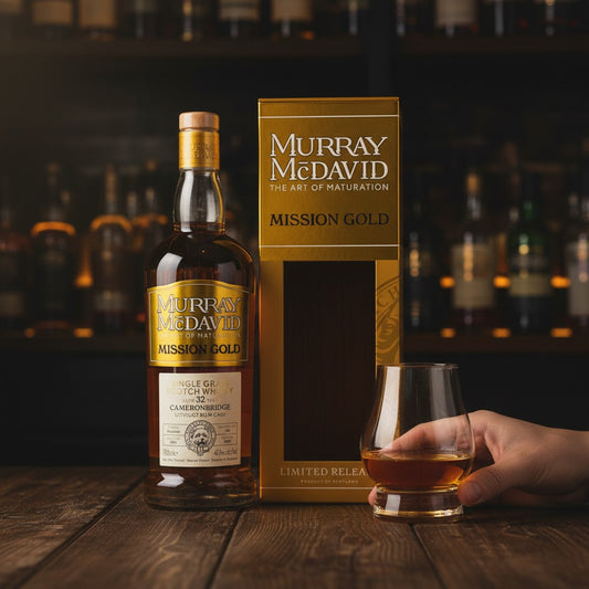 Schwarzbach Spirits Cameronbridge 32 Year Old Uitvlugt Rum Cask Finish Single Grain Scotch Whisky in gold packaging.