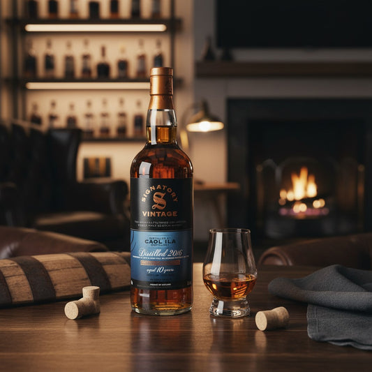 Schwarzbach Spirits Caol Ila 10 Jahre Signatory Vintage Whisky mit Oloroso Sherry Finish in einer gemütlichen Bar.