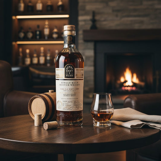 Schwarzbach Spirits Caol Ila 15 Jahre Single Malt Whisky in einer Flasche mit Glas auf einem Holztisch vor Kaminfeuer