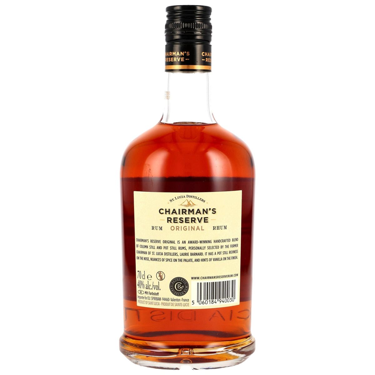 Schwarzbach Spirits Chairman's Reserve Original Rum Flasche mit bernsteinfarbenem Inhalt aus St. Lucia