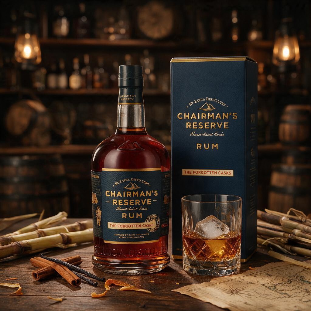 Schwarzbach Spirits Chairman's Reserve The Forgotten Casks Rum Flasche mit Geschenkverpackung und Glas auf Holztisch