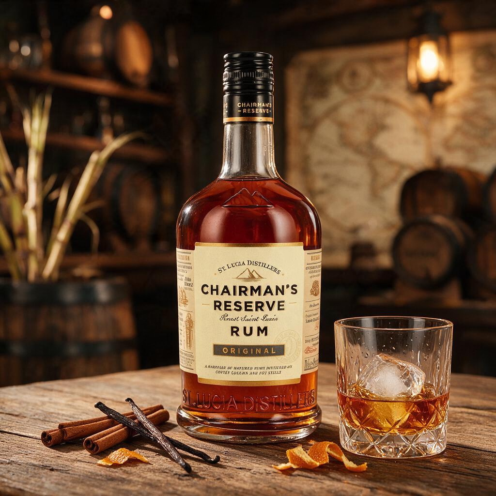 Schwarzbach Spirits Chairman's Reserve Original Rum Flasche mit Glas auf Holztisch, dekoriert mit Zimt und Vanille.