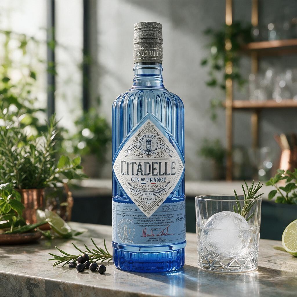 Schwarzbach Spirits Citadelle Original Gin in blauer Flasche mit Eiswürfelglas und Botanicals auf einer Küchentheke