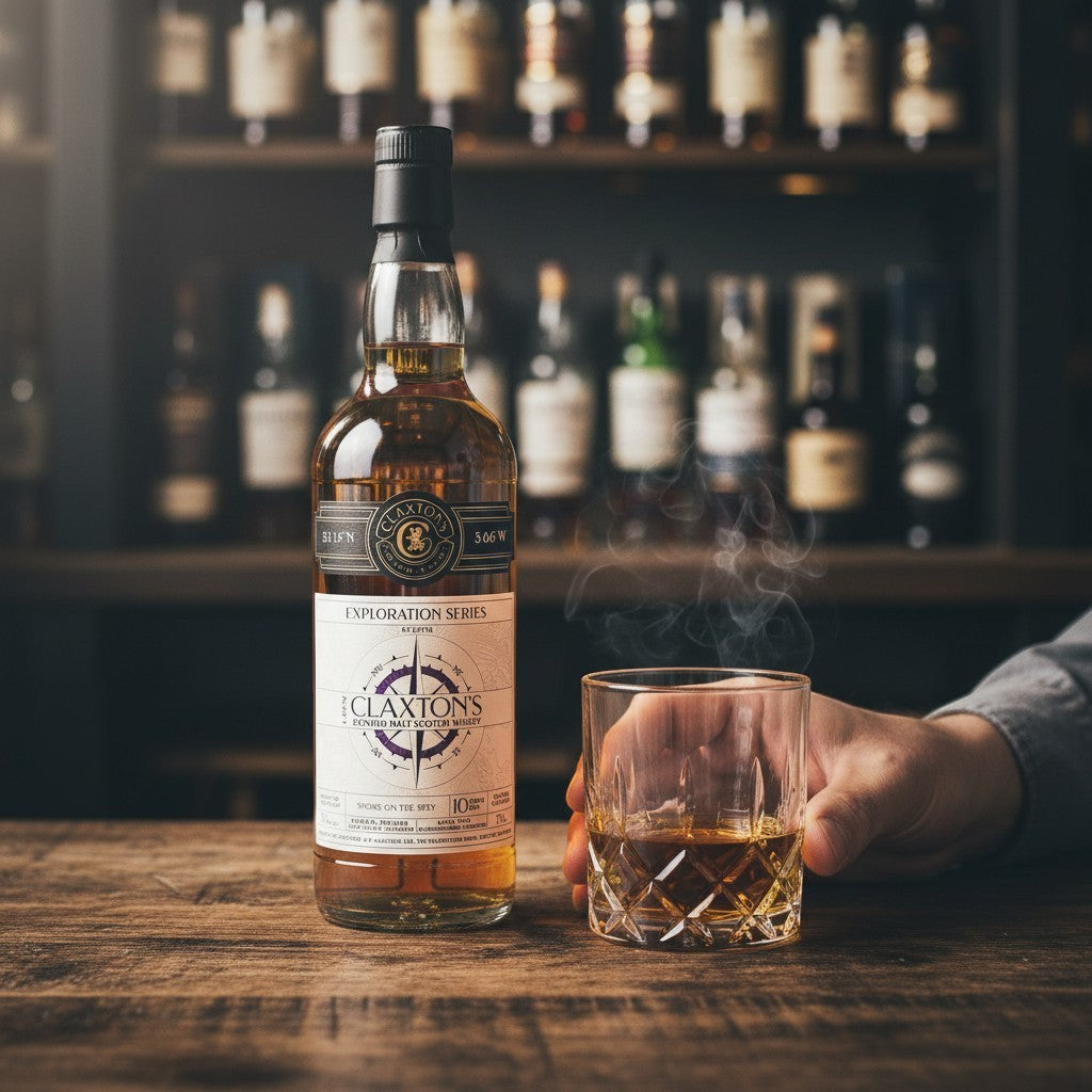 Schwarzbach Spirits Claxton's Blended Malt 10 Year Oloroso Sherry Cask whisky bottle and glass