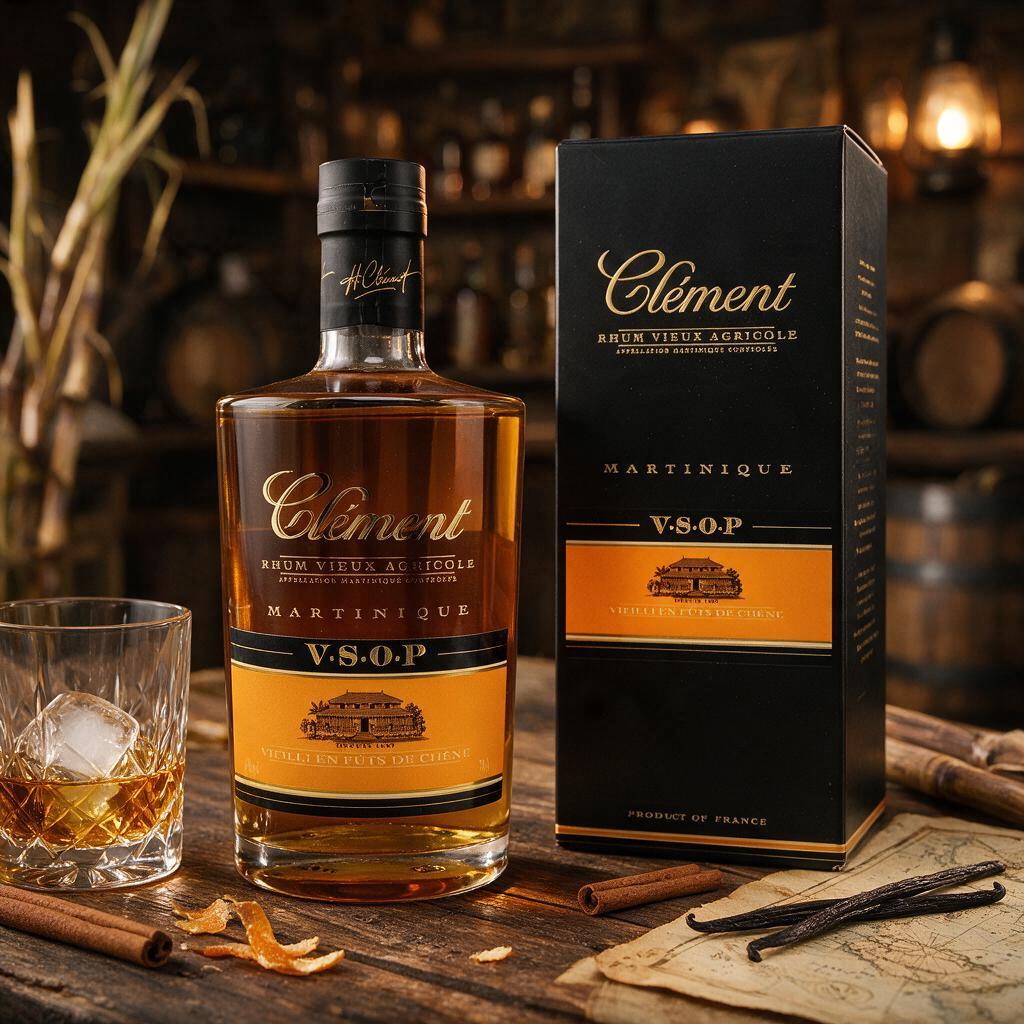 Schwarzbach Spirits Clément VSOP Rhum Agricole Flasche mit Geschenkverpackung, Glas mit Eis und Vanilleschoten