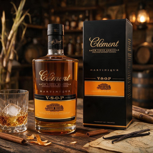 Schwarzbach Spirits Clément VSOP Rhum Agricole Flasche mit Geschenkverpackung, Glas mit Eis und Vanilleschoten