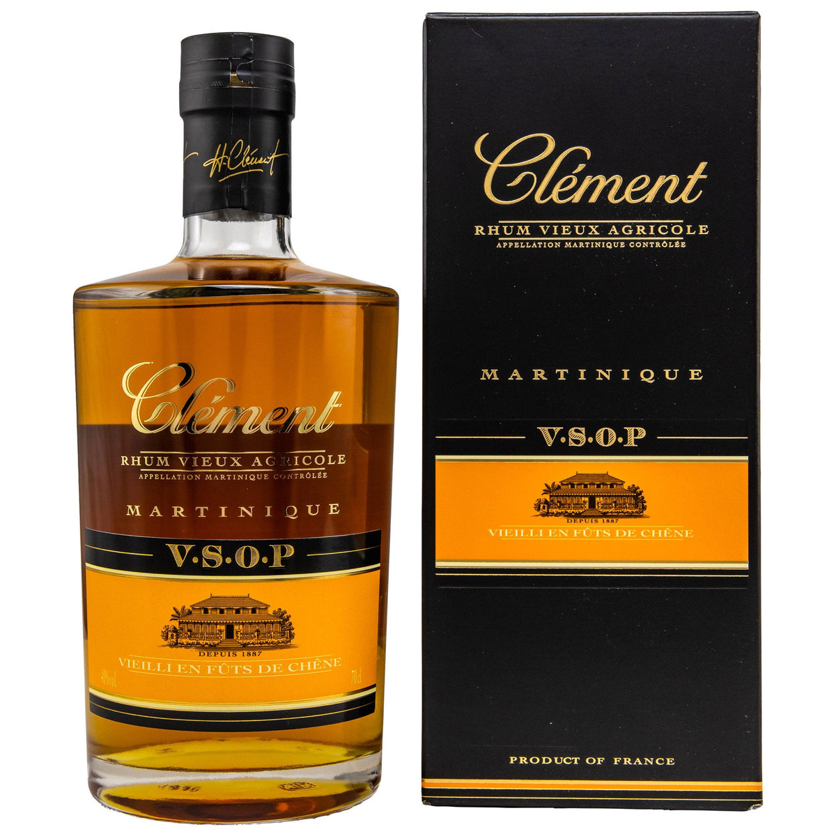 Schwarzbach Spirits Clément VSOP Rhum Agricole in einer eleganten Geschenkverpackung mit goldener Beschriftung