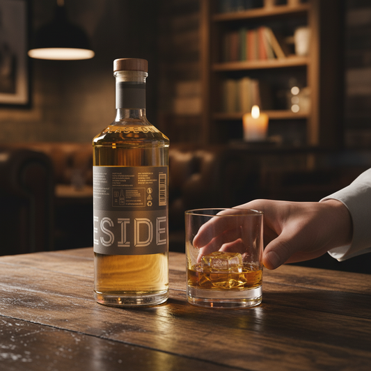 Schwarzbach Spirits Clydeside Fortnight 6 Jahre Peated whisky, 46% Vol., 0.7L bottle. Light gold liquid, un-chill filtered, no added colour.