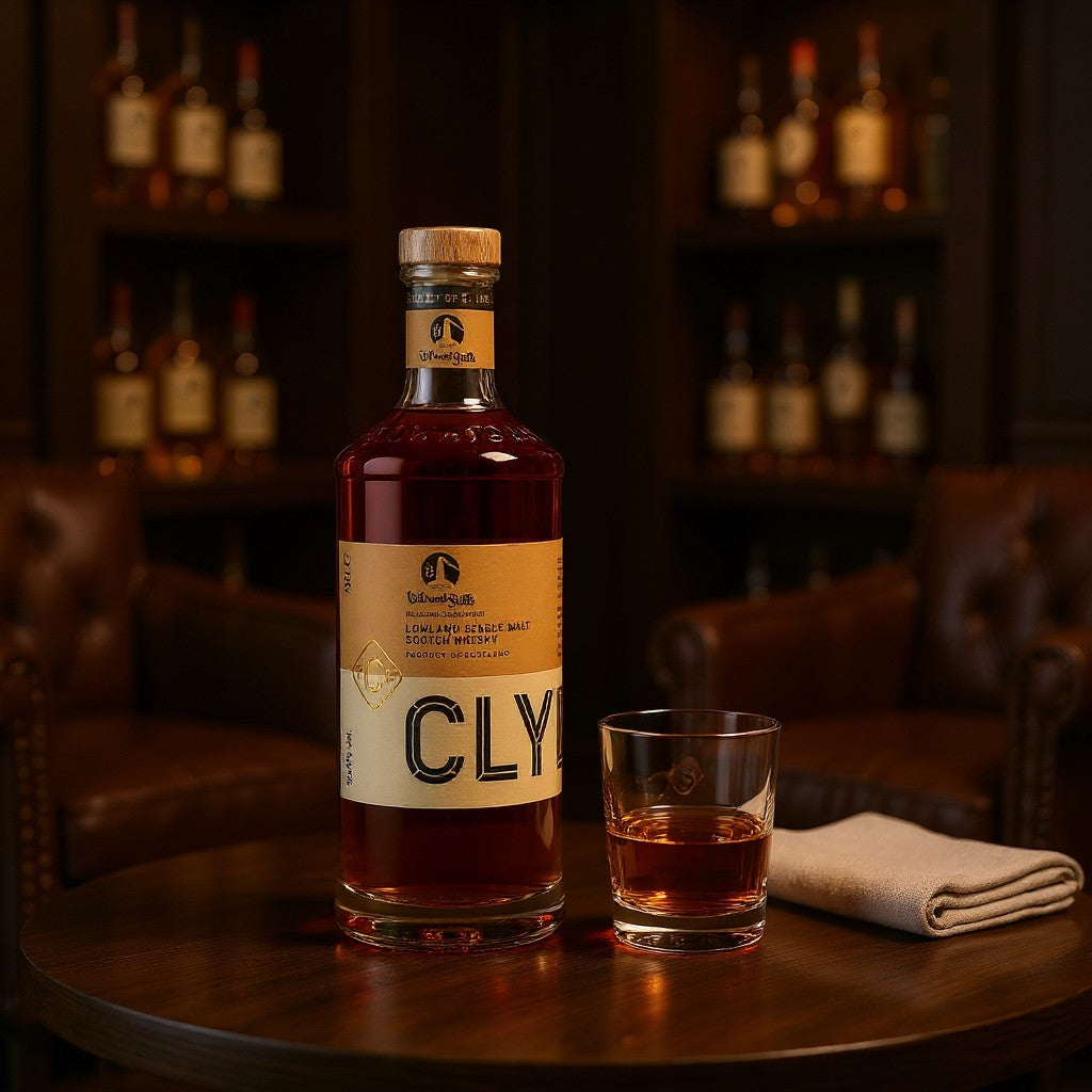 Schwarzbach Spirits Clydeside 7 Year Madeira Cask Finish single malt whisky bottle and glass on a wooden table.