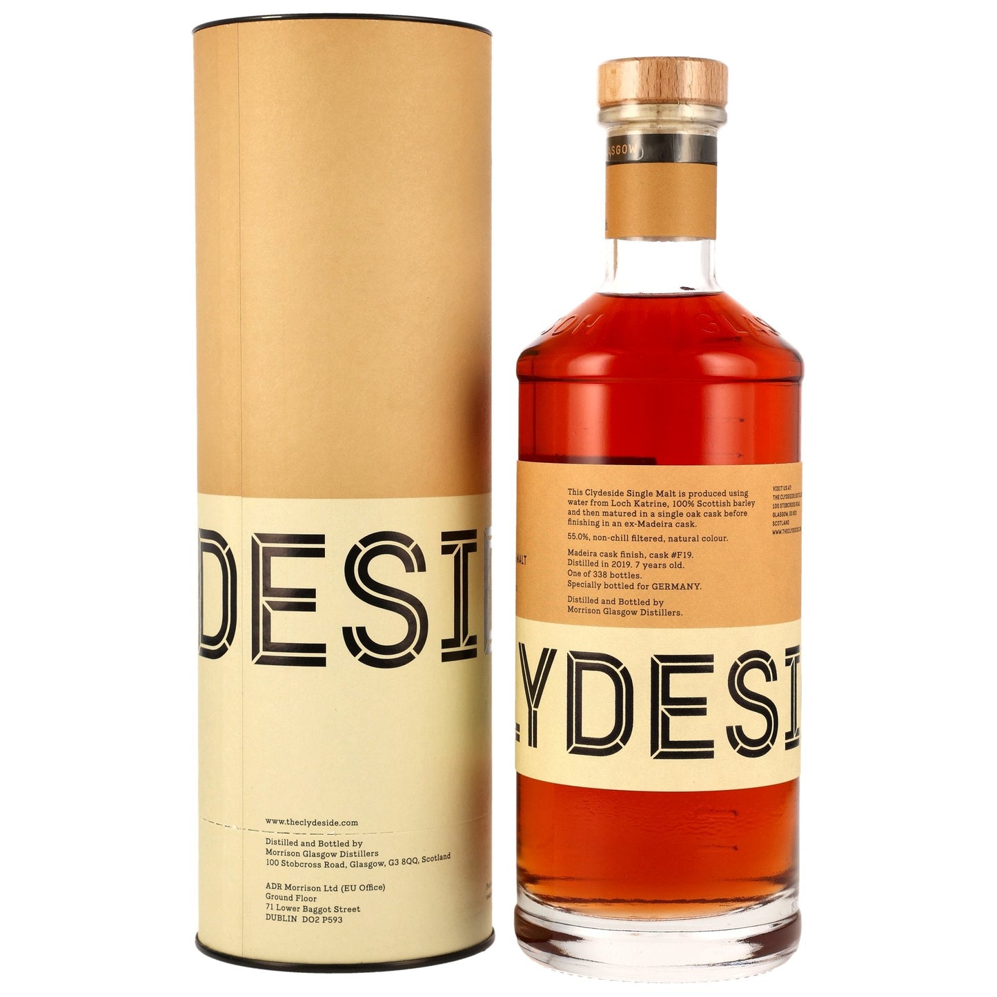 Schwarzbach Spirits Clydeside 7 Year Old Madeira Cask Finish single malt whisky bottle and tube packaging