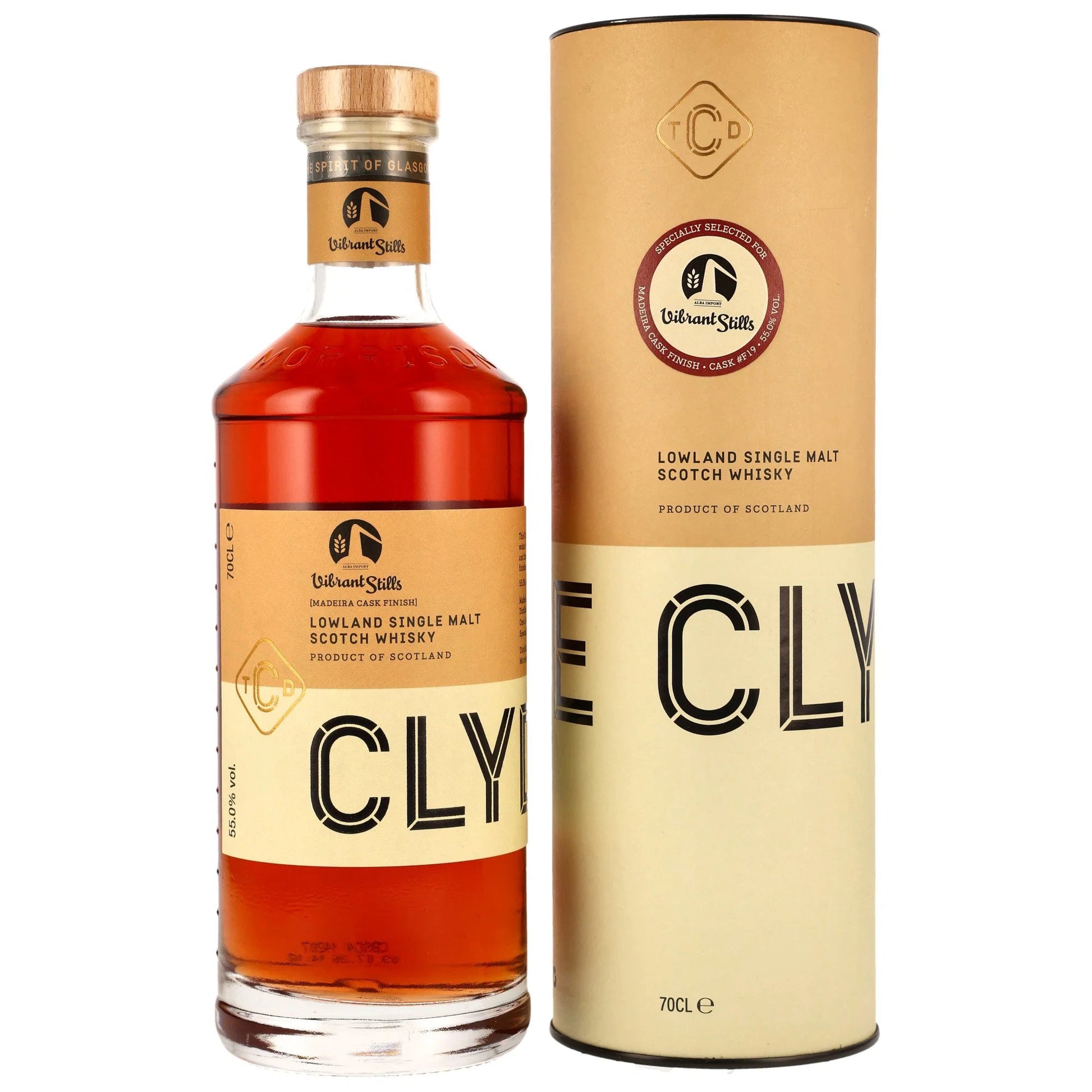 Schwarzbach Spirits Clydeside 7 year old single malt whisky with Madeira cask finish in a bottle and cardboard tube.