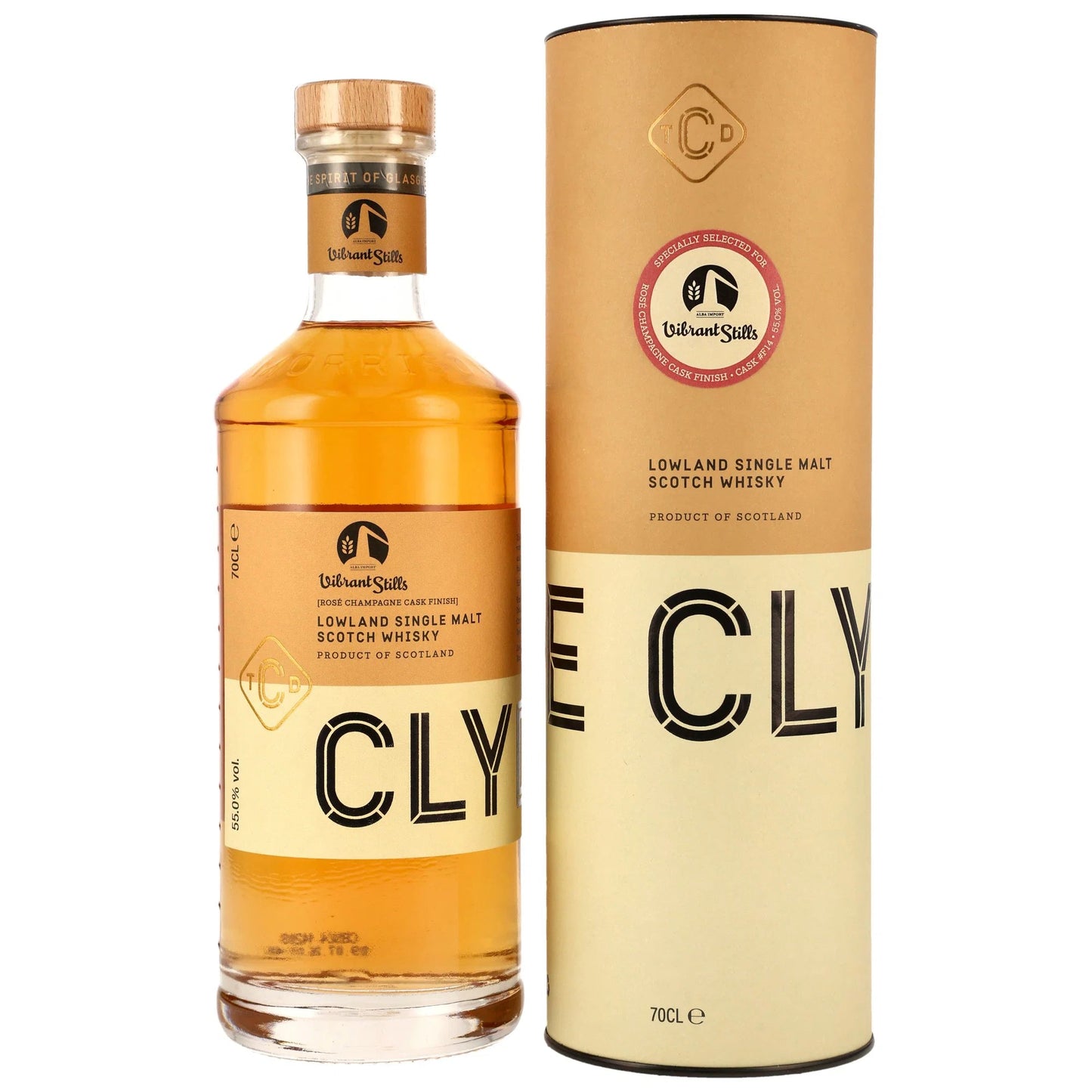 Schwarzbach Spirits Clydeside 7-year-old single malt whisky with a rose champagne cask finish and its cardboard tube.