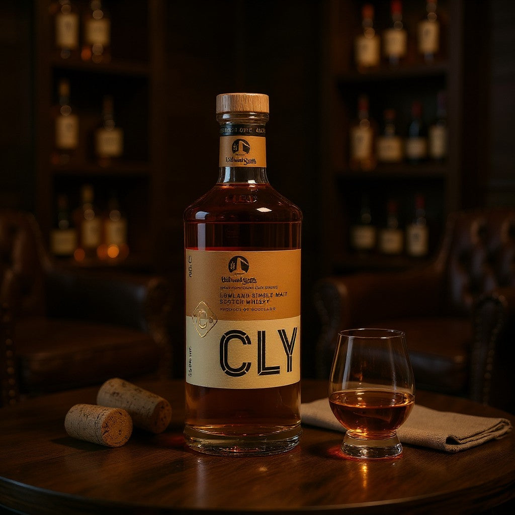 Schwarzbach Spirits Clydeside 7 year old single malt whisky in a bottle with a glass on a dark wooden table.