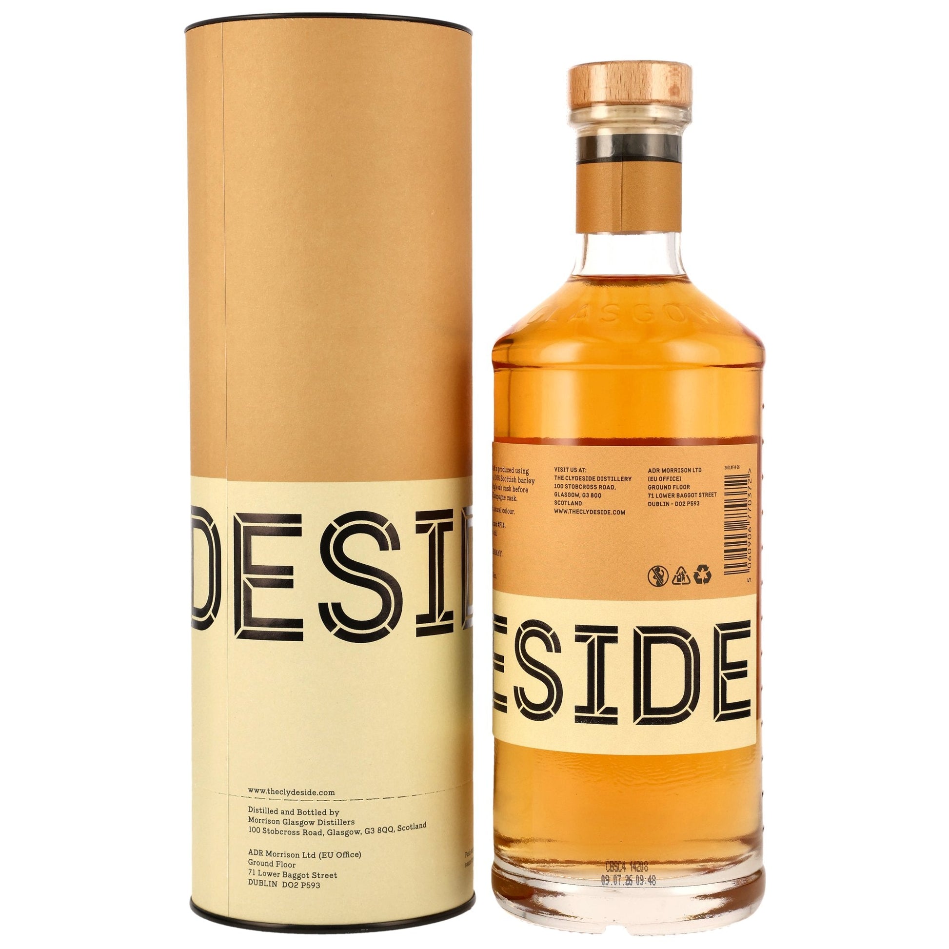 Schwarzbach Spirits Clydeside 7-year-old single malt whisky in a glass bottle with its matching cardboard tube packaging.