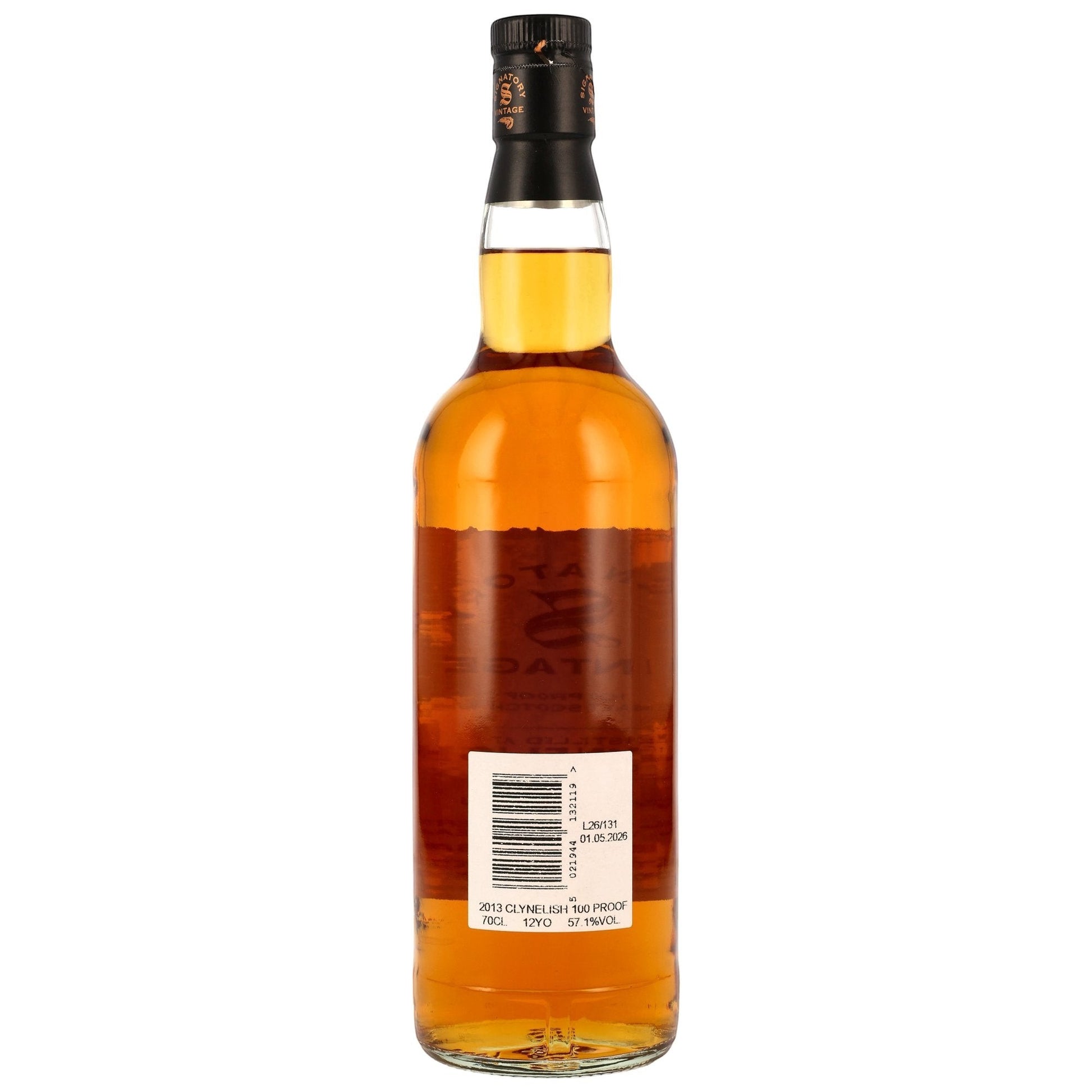 Schwarzbach Spirits Clynelish 12 Jahre Signatory 100 Proof Whisky Flasche, Rückansicht mit Etikett und goldener Farbe.