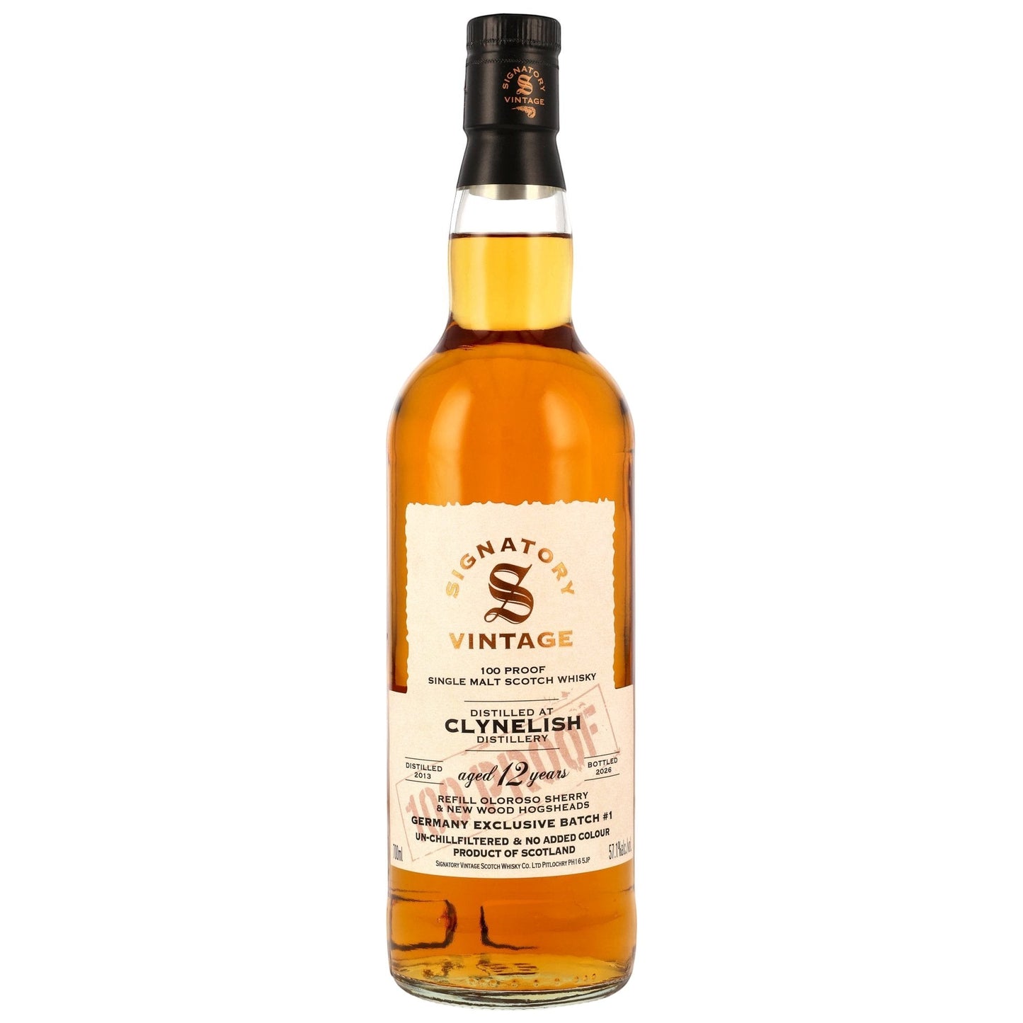 Schwarzbach Spirits Clynelish 12 Jahre Signatory 100 Proof Whisky Flasche mit goldener Farbe und detailliertem Etikett