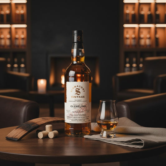 Schwarzbach Spirits Clynelish 12 Jahre Signatory 100 Proof Whisky Flasche mit Glas auf einem Holztisch vor Kaminfeuer.