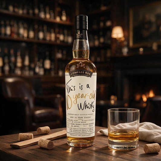 Schwarzbach Spirits Compass Box 10-jähriger Blended Malt Whisky in einer Flasche mit Glas auf einem Holztisch