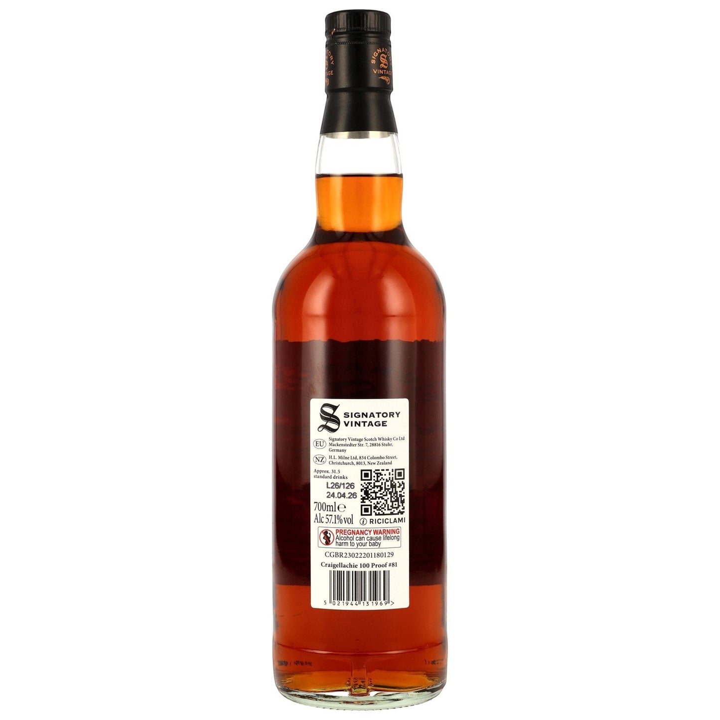 Schwarzbach Spirits Craigellachie 15 Jahre 100 Proof Whisky Flaschenrückseite mit Etikett und Informationen