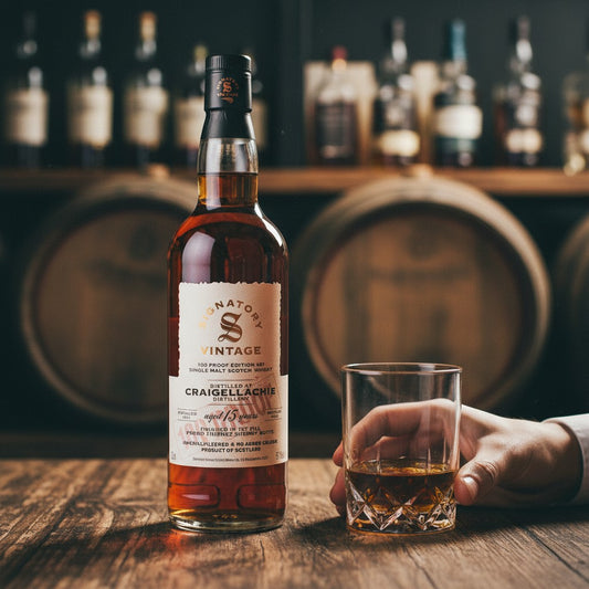 Schwarzbach Spirits Craigellachie 15 Jahre Single Malt Whisky in einer Flasche neben einem Glas auf einem Holztisch.
