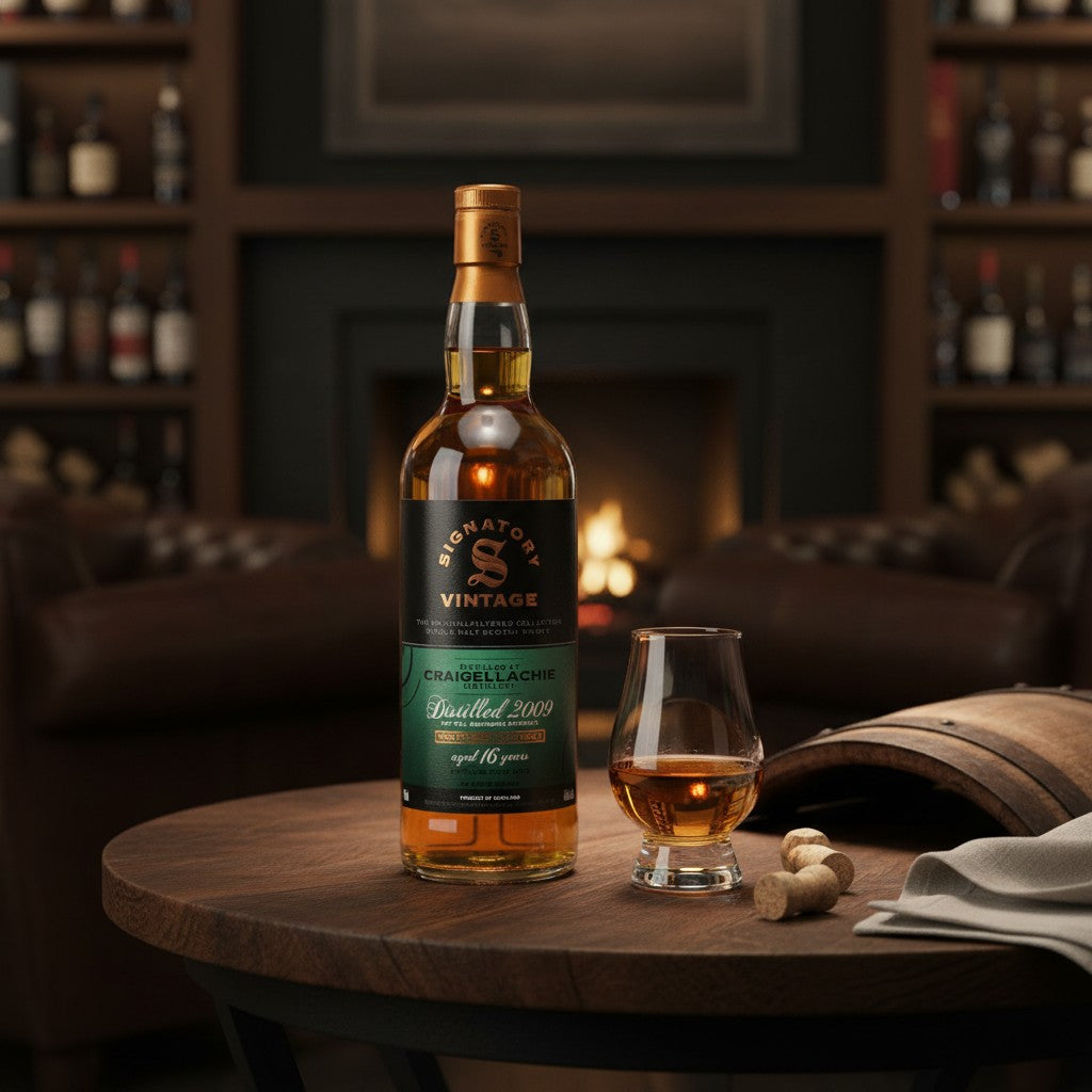 Schwarzbach Spirits Craigellachie 16 Jahre Whisky Flasche mit Glas auf einem Holztisch vor einem Kamin